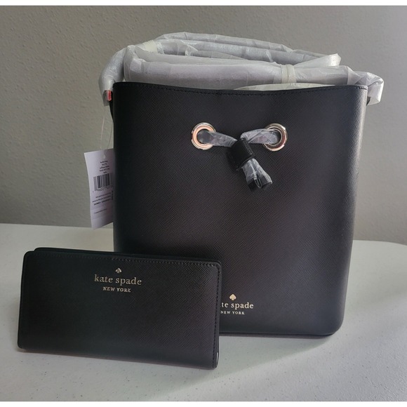 kate spade Handbags - Kate Spade Black Saffiano Leather Bucket Bag and Slim Wallet Set K4378 NEW